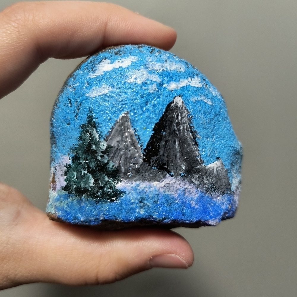 Hand-Painted Blue Mountain Scene Rock Art